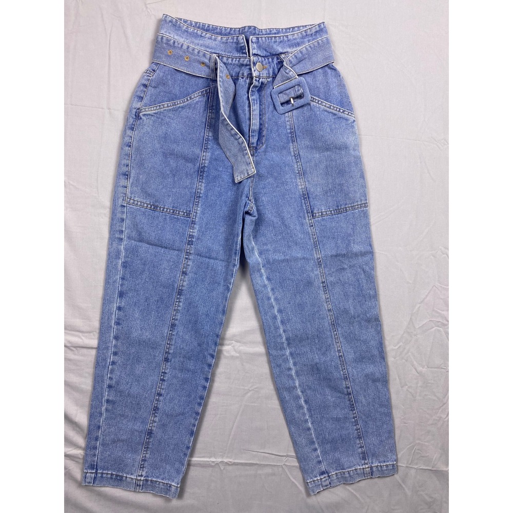 Le Lis Self Collection Belted High Rise Straight Leg Jeans Women Medium Blue